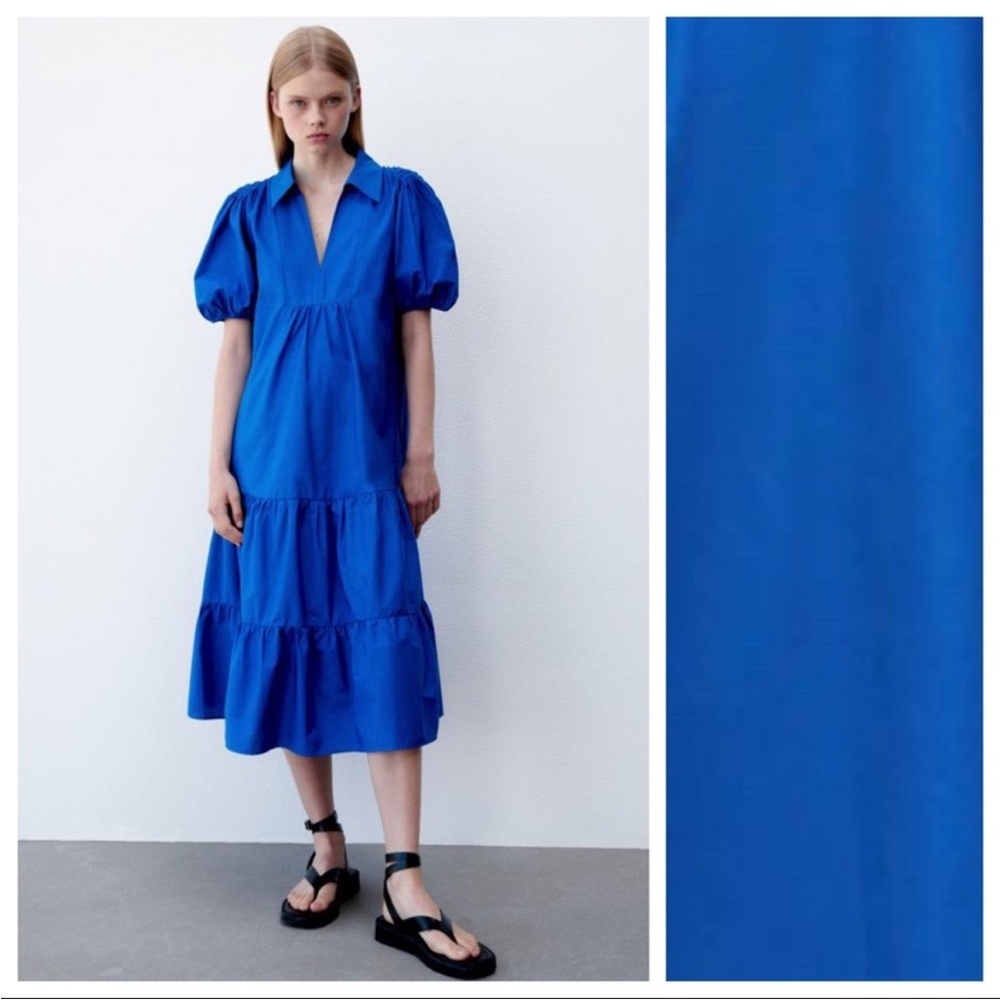 Zara Cobalt Blue 100% Cotton Tiered/Flounced Loose Midi Dress. Size L - Picture 1 of 13